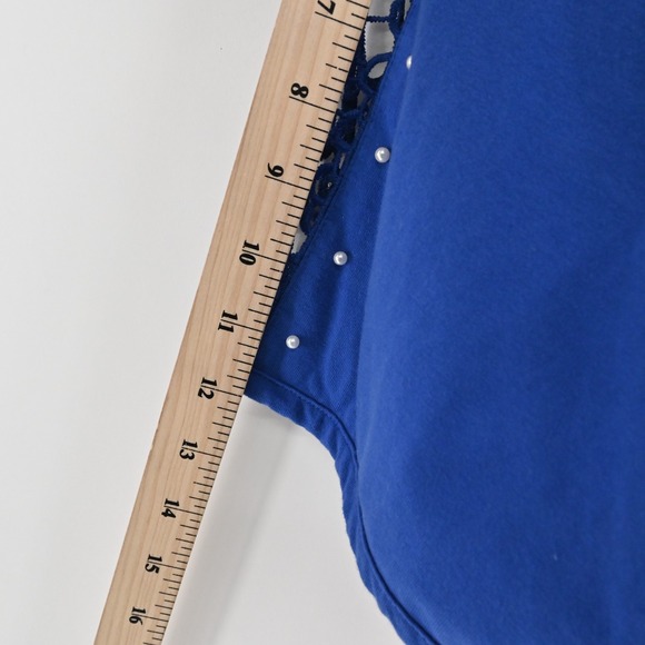 Quacker Factory Womens Lace Sleeve Knit Royal Blue Top Size 3X Faux Pearl Detail - Picture 5 of 11